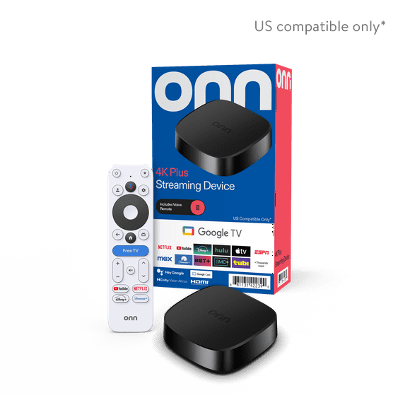 onn 4K Plus Streaming Device, Google TV - Ultra-fast Streaming, Stunning 4K UHD, 16GB Storage, 2GB RAM, Dolby Vision & Atmos, Remote with Voice Control