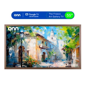 onn TV Google The Fresco Art Gallery 4K UHD de 55" con Gemini, marco de nogal y kit de montaje