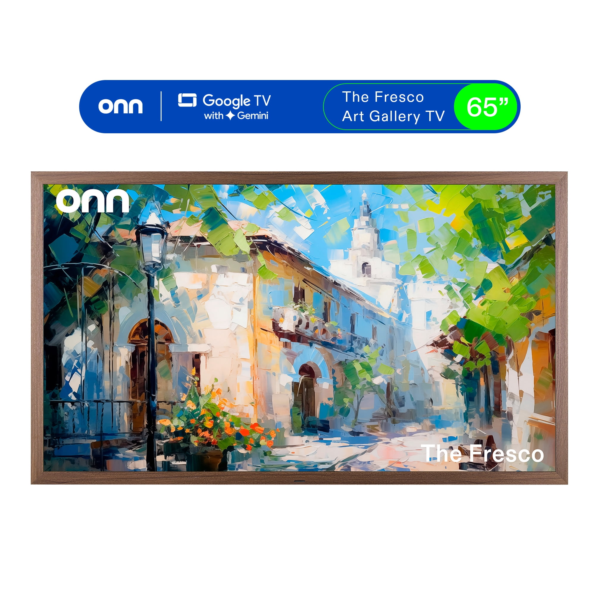 onn 65" The Fresco Art Gallery 4K UHD Google TV with Gemini, Walnut Frame and Mounting Kit