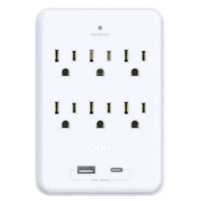 onn Surge Protector Wall Tap with 6 AC Outlets and USB and USB-C Ports, White