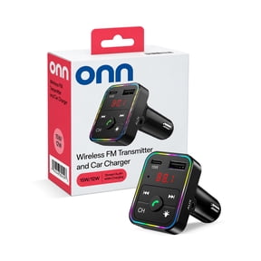 onn. Bluetooth FM Transmitter and Car Charger with USB-C 15W and USB-A 12W Charging, Hands-Free Calling, AUX Port, LED Display and Multicolor Light