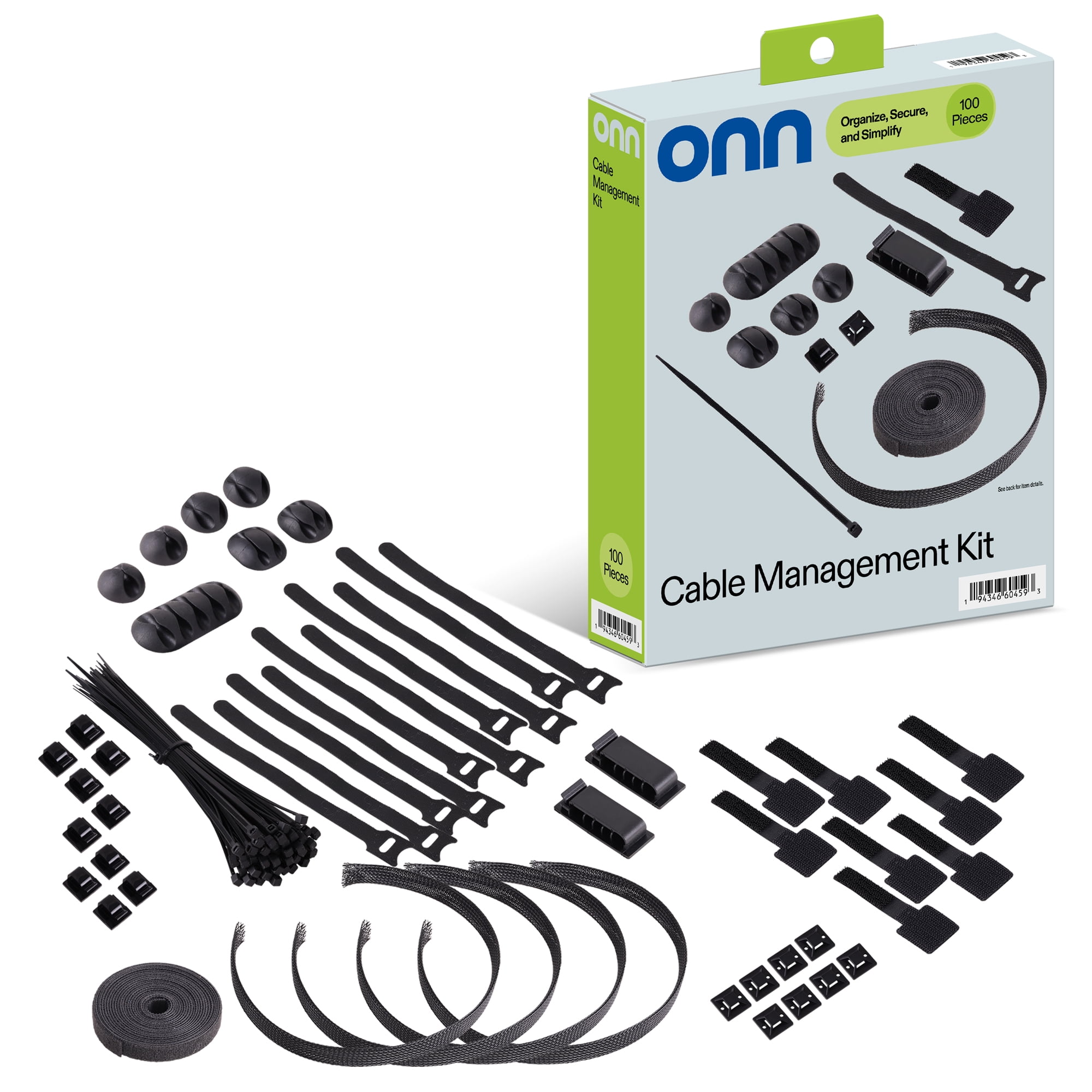 onn. Cable Management Kit, 100 Piece Cord Organizer Set with Cable Clips, Zip Ties, Sleeves & Wire Wraps for Home & Office