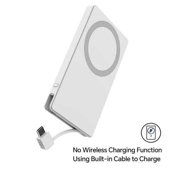 onn 5,000 mAh Portable Power Bank with Built In USB-C Cable, Mag-Attach Ring, White - Compatible with iPhone 17/16/15 Series, Samsung Devices, Pixel Devices, iPad Pro, & More (Cable Charge only)