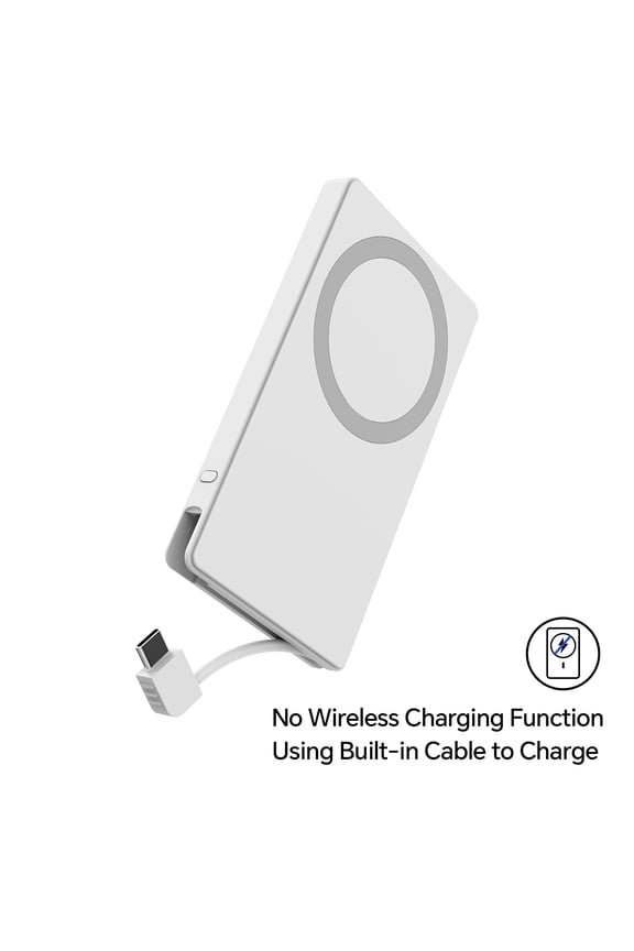5,000 mAh Portable Power Bank with Built In USB-C Cable, Mag-Attach Ring, White - Compatible with iPhone 17/16/15 Series, Samsung Devices, Pixel Devices, iPad Pro, & More (Cable Charge only)