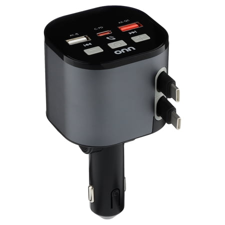 onn 30W/18W Wireless FM Transmitter and Car Charger with Retractable USB-C Cables