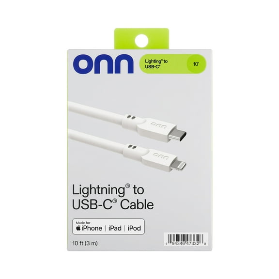 onn 10ft Lightning to USB-C Charging Cable, MFI Certified,Fast Charging,White
