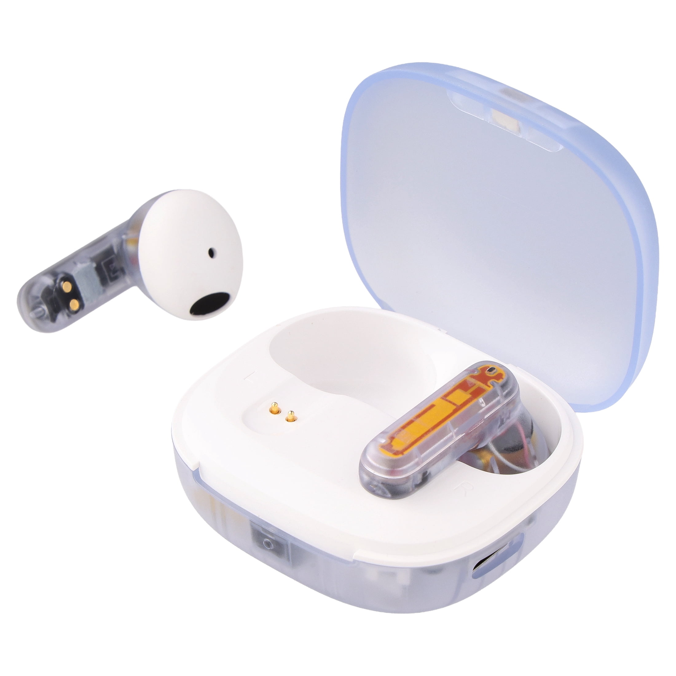 onn Mini Sticks Clear and White Wireless Bluetooth Earbuds with Environmental Noise Canceling