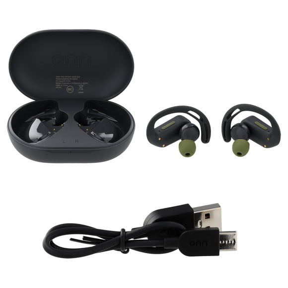 onn Wireless Sport Earbuds with Comfort Grip Ear Hooks, Black