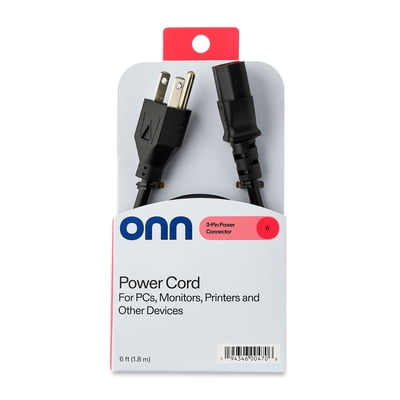 onn Universal AC Power Cord, 6ft Compatible with Computer Monitors, Printers and Other Devices, Black