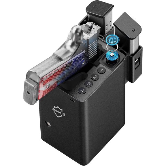 ONNAIS Biometric Pistol Safe: Open Design for Fast Home & Car Access | Rechargeable, 0.5s Fingerprint Entry, Stores 80 Unique Prints, Keypad & Key Backups