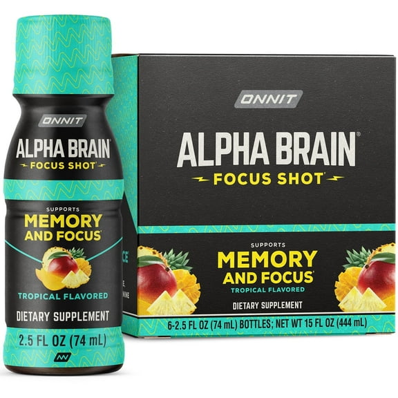 ONNIT Alpha BRAIN Focus Shot, Tropical Flavor, 2.5 Fl Oz Bottles, 6 Count