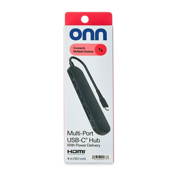 onn 7-in-1 USB-C Adapter with 100W USB-C 3.2 Gen. Power Delivery, USB 3.0, 4K HDMI, SD/TF Memory Card Reader, 4", Greystone