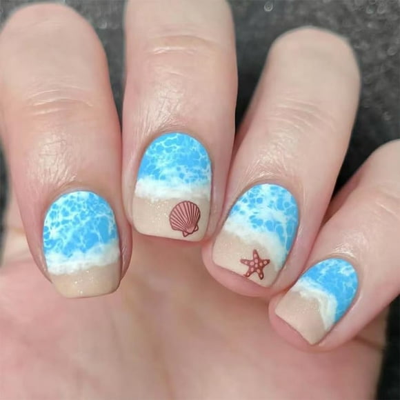 ONPRESS 24Pcs Summer Press TMA2Nails Short Square Nails with Starfish Shells Design Blue Sea Beach False Nails Cute Glossy Full Cover Acrylic Nails for Women Girls Manicure Nails Art Decoration