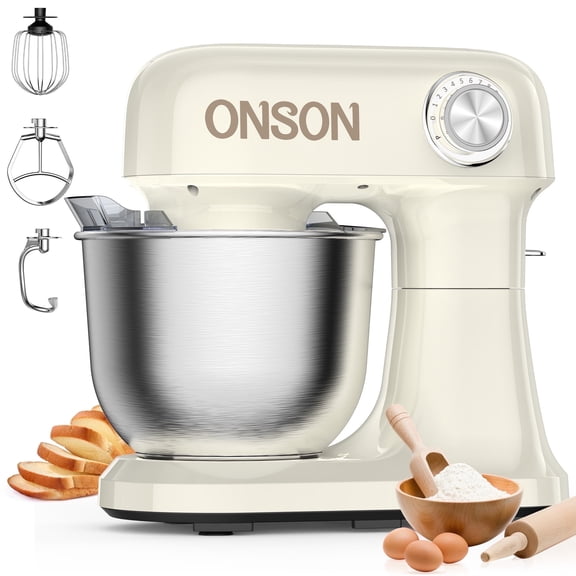 ONSON Stand Mixer, 5 QT, 350W, 12-Speed Electric Mixer with Stainless Steel Bowl, Dough Hook, Whisk & Beater, Milky White