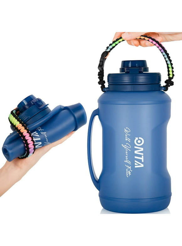ONTA Collapsible Large Water Bottle - BPA Free Silicone Reusable Flat Water Cup with Straw Paracord Handle Airplane Travel Essential Flask Lightweight Leakproof Gym Running Hiking 67.7oz Blue