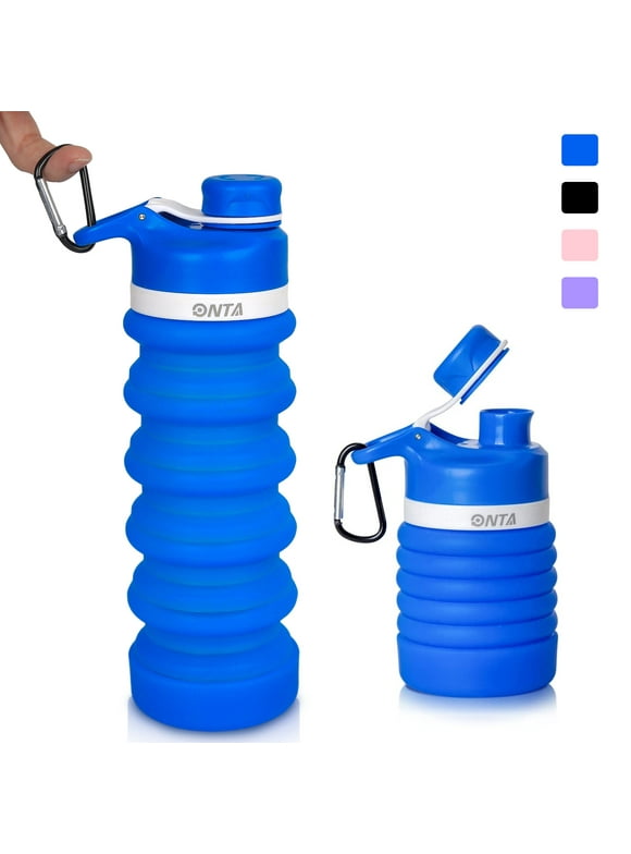 ONTA Collapsible Water Bottle - BPA Free Silicone Foldable Water Bottle for Travel Gym Camping Hiking, Portable Leak Proof Sports Water Bottle with Carabiner(Blue)
