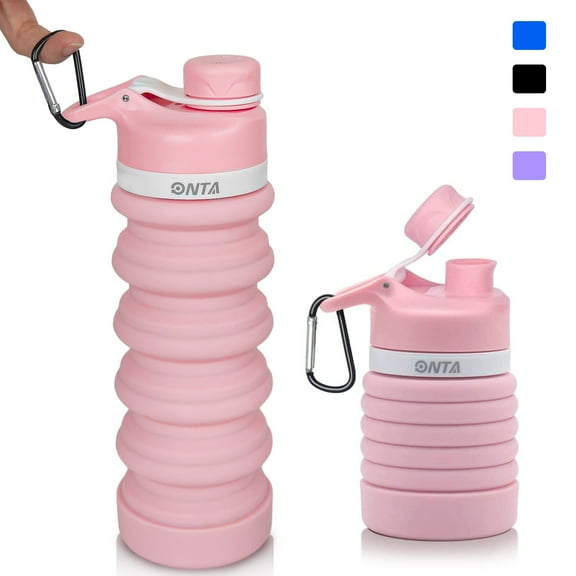 Collapsible Water Bottle - BPA Free Silicone Foldable Water Bottle for Travel Gym Camping Hiking, Portable Leak Proof Sports Water Bottle with Carabiner(Pink)