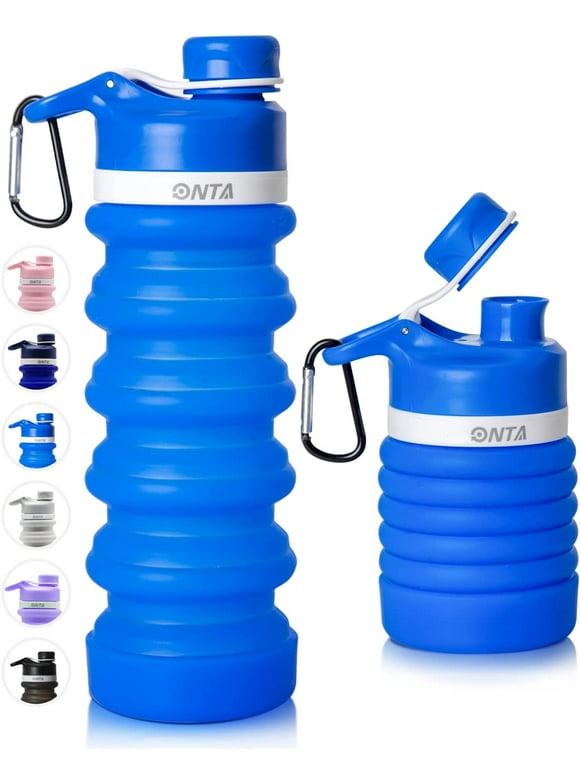ONTA Collapsible Water Bottle- BPA Free Silicone Foldable Water Bottle for Travel,Silicone Portable Leak-Proof Travel Water Bottle 20oz, blue