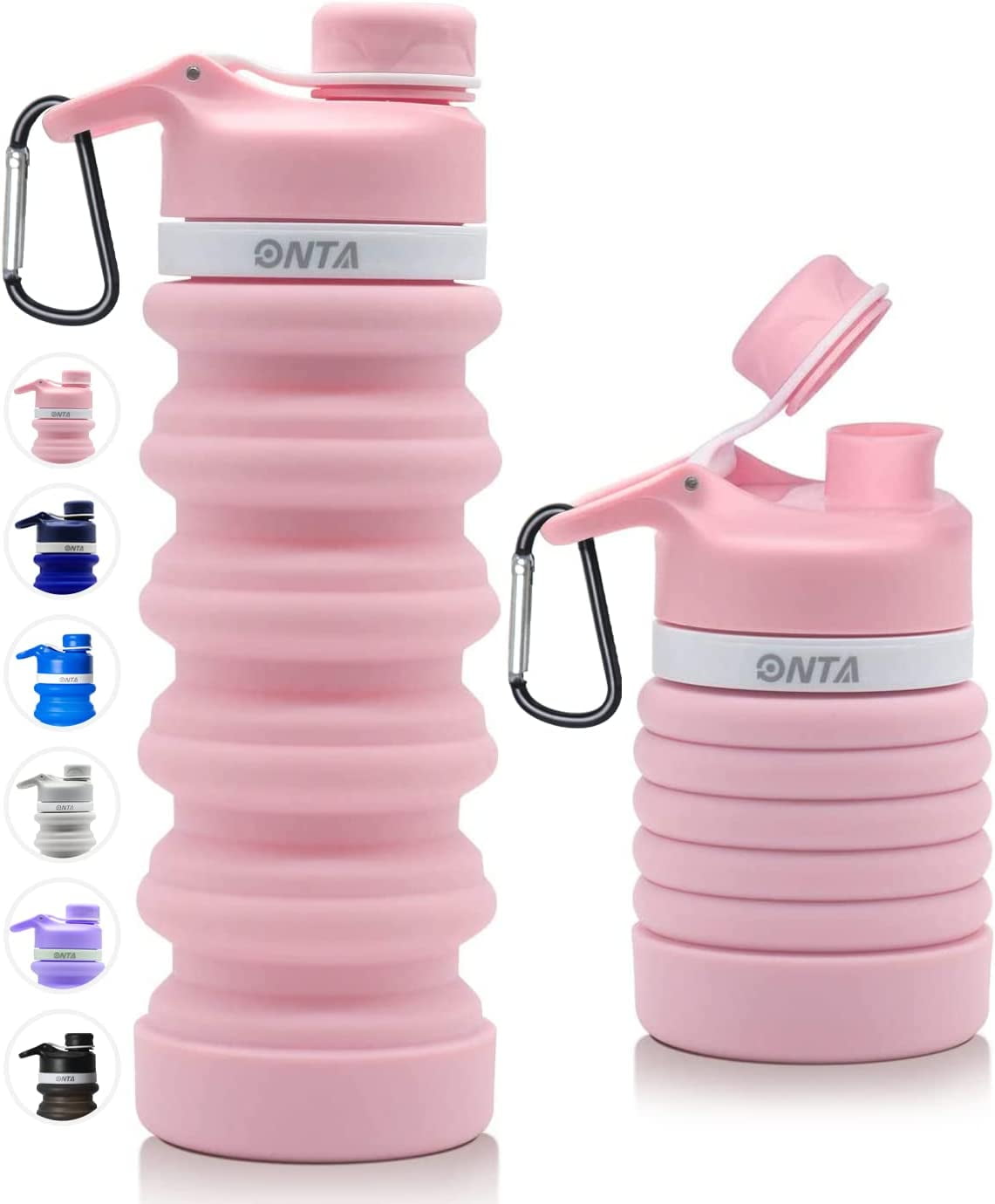 ONTA Collapsible Water Bottle- BPA Free Silicone Foldable Water Bottle for  Travel,Silicone Portable Leak-Proof Travel Water Bottle 20oz, pink 