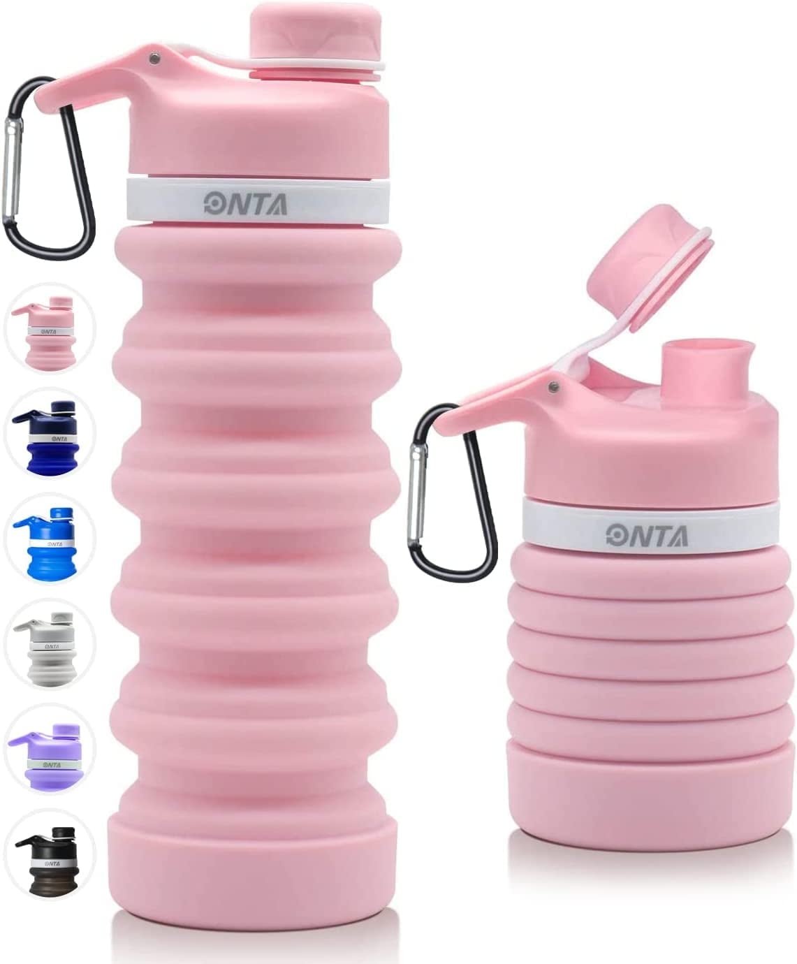 ONTA Collapsible Water Bottle- BPA Free Silicone Foldable Water Bottle for Travel,Silicone Portable Leak-Proof Travel Water Bottle 20oz, pink