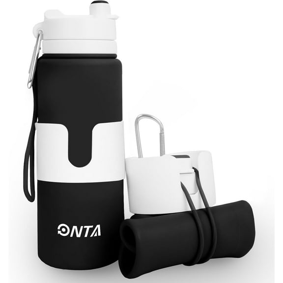 ONTA Collapsible Water Bottles 26oz, Leak Proof, BPA-Free, Foldable Silicone Travel Water Bottle with Strap for Cycling, Hiking, Outdoors(black)
