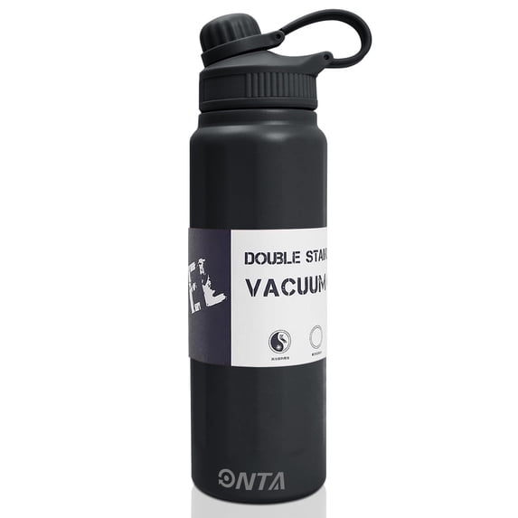 ONTA Insulated Water Bottle - 28 OZ, Straw Lid, Vacuum Insulated Stainless Steel, Travel Cup, Thermos Mug Leakproof Keep Drinks Hot Cold for Bike Camping Sports Gym Adult Women Men (Black)