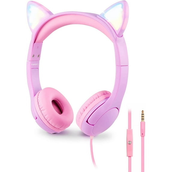 ONTA Kids Headphones with Cute LED Glowing Cat Ears,Foldable, Noise-Canceling and Adjustable Toddlers Headphones for Boys and Girls (Purple)