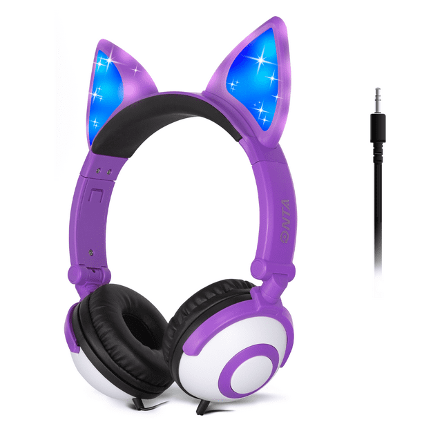 ONTA Kids Headphones with Cute LED Glowing Cat Ears,Foldable, NoiseCanceling and Adjustable