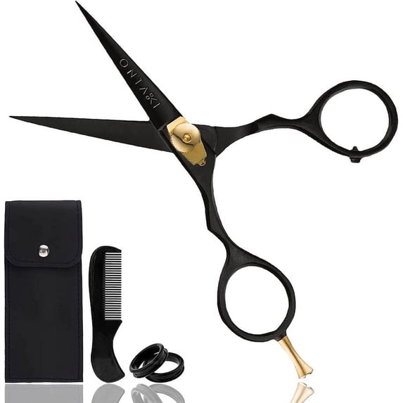 Ontaki Beard and Mustache Scissors 5.5 Inch Japanese Steel Black Grooming Shears with Comb
