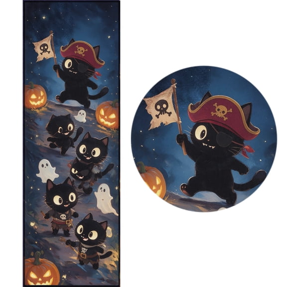 ONUZZLY Halloween Black Cat Pirate Navy Polyester Runner Rug 24x71 Non-Slip Backing