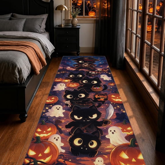 ONUZZLY Halloween Black Cat Lantern Orange Polyester Runner Rug 24x71 Non-Slip Backing