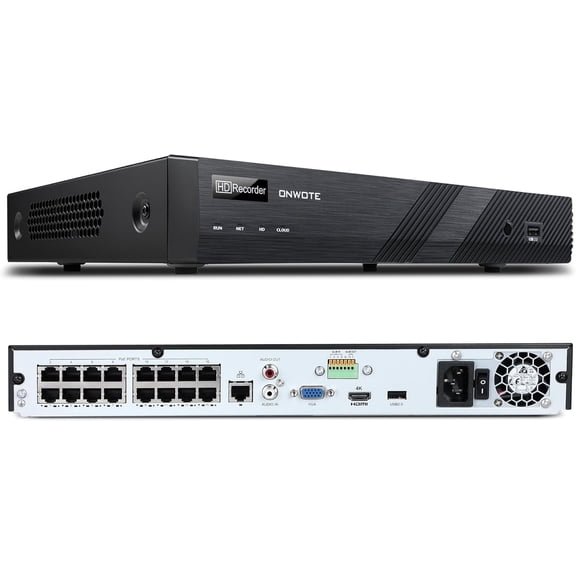 ONWOTE 4K 8MP 16 Channel PoE NVR IP Security Video Audio Recorder, 16CH 8MP/ 6MP/ 5MP Input, 16CH NVR, 2 Storage Bays Support 20TB, 16CH Synchronous Playback