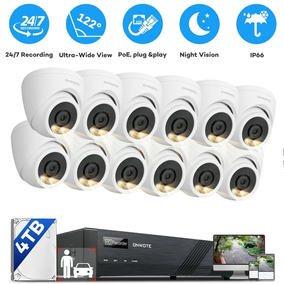 ONWOTE 16 Channel Wired Security Camera System PoE, Smart AI Color Night Vision,  16CH Commercial 4K NVR 4TB, 12x 6MP 122° Outdoor Audio IP Cameras with Audio, 100ft 60ft Cables, CCTV for Businesses