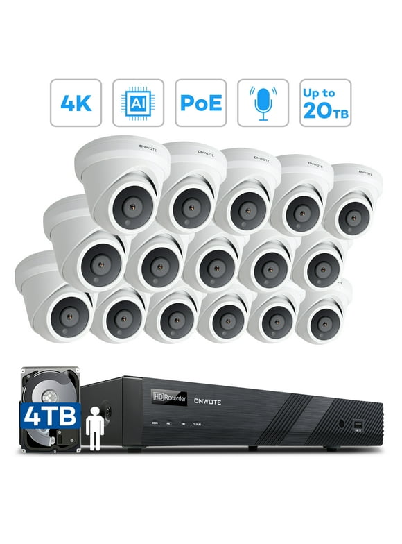 ONWOTE 16 Channel 4K PoE Security Camera System 4TB, AI-Human-Detection, (16) 4K 8MP Outdoor Wide Angle PoE IP Cameras Audio, 16CH H.265 4K NVR 2-Storage-Bay, 16CH Synchro Playback