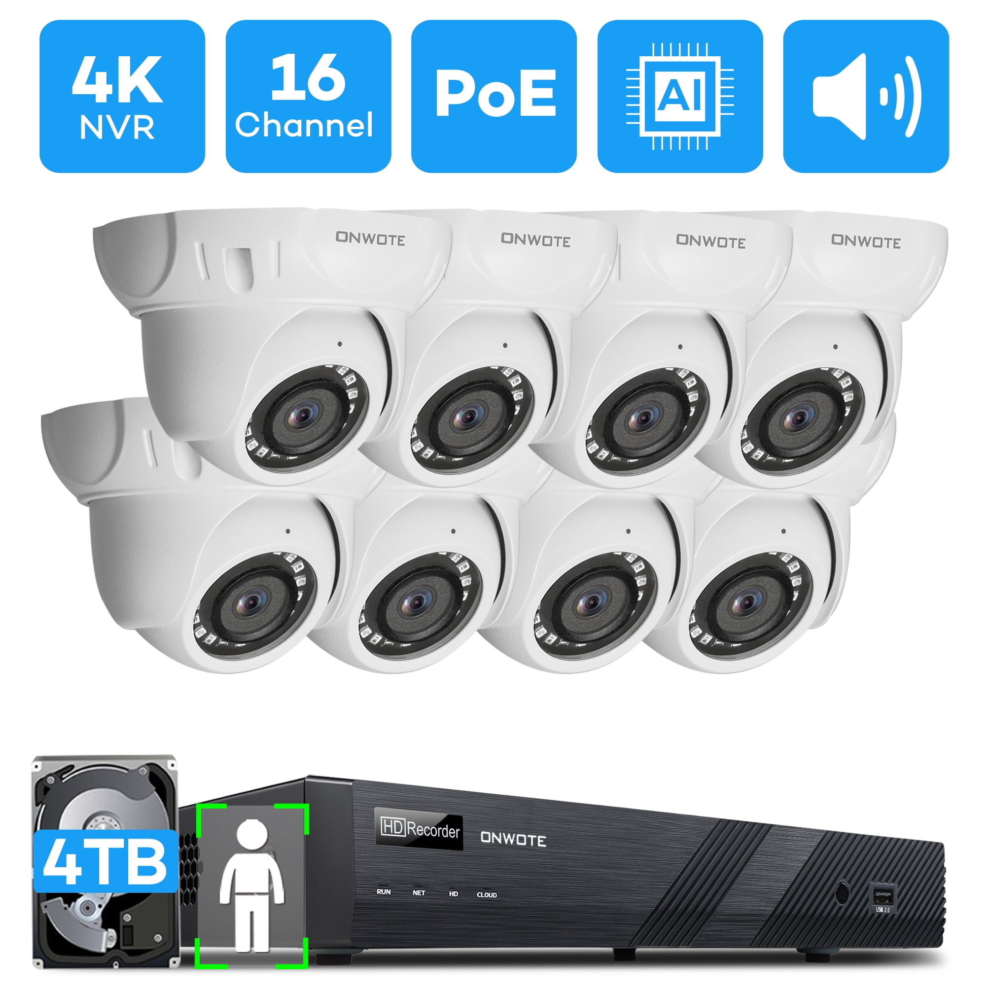 ONWOTE 16 Channel 4K PoE Security Camera System, AI-Human-Detection, 4K 16CH NVR with 4TB HDD for 24/7 Recording, 8 pcs wired 5MP Outdoor PoE IP Cameras with Audio, 16-CH Synchro Playback