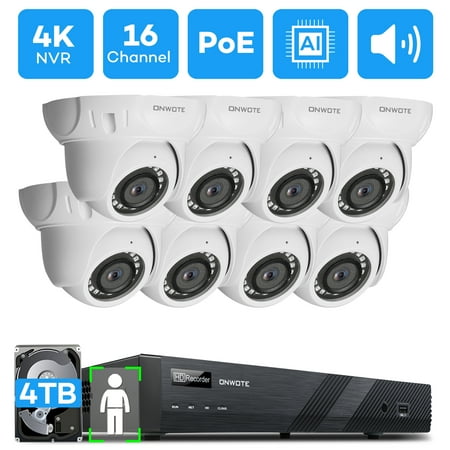 ONWOTE 16 Channel 4K PoE Security Camera System, AI-Human-Detection, 4K 16CH NVR with 4TB HDD for 24/7 Recording, 8 pcs wired 5MP Outdoor PoE IP Cameras with Audio, 16-CH Synchro Playback