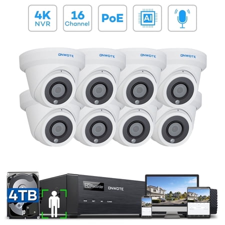 ONWOTE 16 Channel 4K PoE Wire Security Camera System, Smart AI Human & Vehicle Detection, 16CH 4K 8MP NVR with 4TB Hard Drive Pre-installed for 24-7 Recording, 8pcs 6MP 122° Outdoor PoE IP Cameras