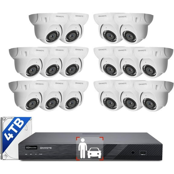 ONWOTE 16 Channel 4k PoE Security Camera System, AI Human & Vehicle Detection, 16CH 4K 8MP NVR with 4TB HDD pre-installed for 24-7 Recording, 16pcs 6MP Outdoor PoE IP Cameras, Business Surveillance