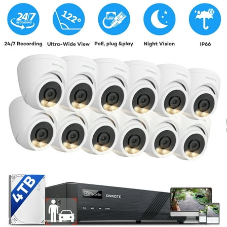 ONWOTE 16 Channel Wired Security Camera System PoE, Smart AI Color Night Vision, 16CH Commercial 4K NVR 4TB, 12x 6MP 122 Outdoor Audio IP Cameras with Audio, 100ft 60ft Cables, CCTV for Businesses