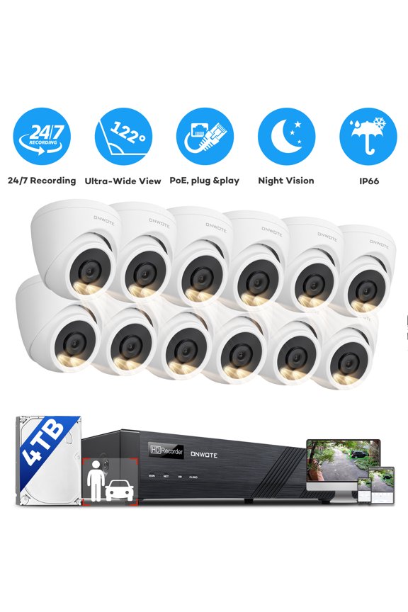 16 Channel Wired Security Camera System PoE, Smart AI Color Night Vision, 16CH Commercial 4K NVR 4TB, 12x 6MP 122 Outdoor Audio IP Cameras with Audio, 100ft 60ft Cables, CCTV for Businesses