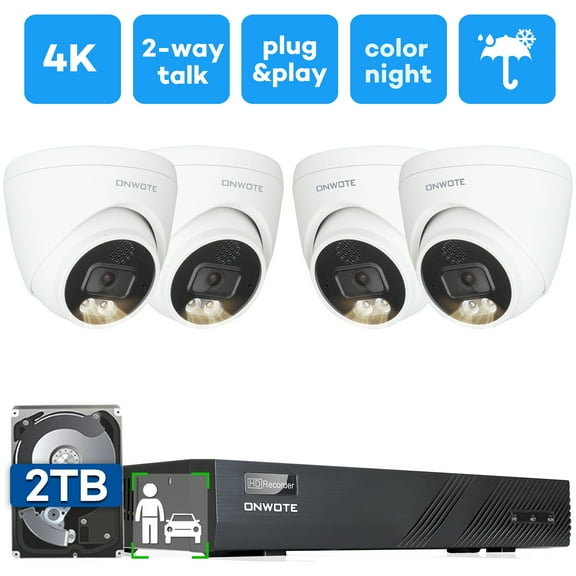 ONWOTE 2 Way Audio Wired 4K PoE Security Camera System, AI Human Vehicle Detection Trigger Color Night Vision, 4* 8MP 125° Wide View Angle IP Cameras, 8 Channel NVR 2TB, Two Way Talk CCTV Kit for Home