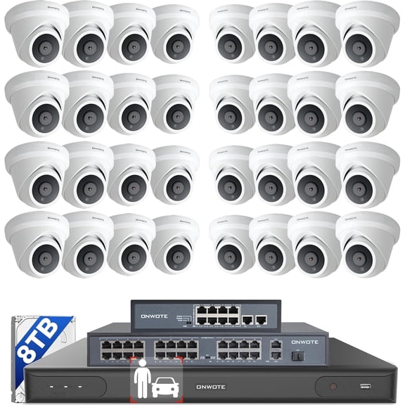 ONWOTE 32 Channel Security Camera System, 12MP 32CH NVR 8TB, 32 Ports PoE Switch, 32x 6MP Outdoor Audio PoE IP Cameras, AI Human Vehicle Detection, Commercial CCTV for Business