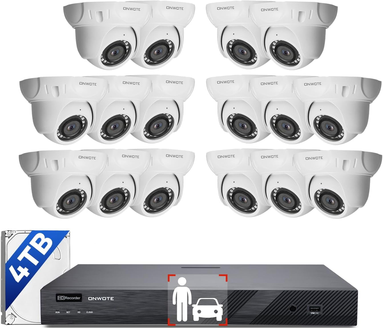 ONWOTE 16 Channel 4k PoE Security Camera System, AI Human & Vehicle Detection, 16CH 4K 8MP NVR with 4TB HDD pre-installed for 24-7 Recording, 16pcs 6MP Outdoor PoE IP Cameras, Business Surveillance