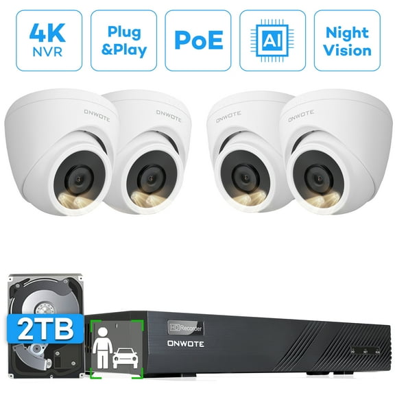 ONWOTE 8 Channel 4K PoE Security Camera System, AI Human Vehicle Detection Color Night Vision, 8CH 4K NVR with 2TB HDD, 4 Pcs 6MP 122° Outdoor PoE IP Cameras, Wired System for Home Business