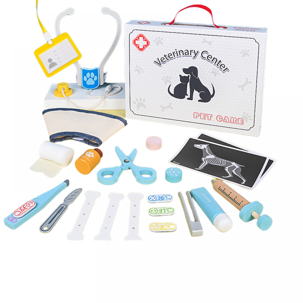 ONXE Wooden Doctor Kit for Kids Pet Care Vet Play Set with Dog Cat