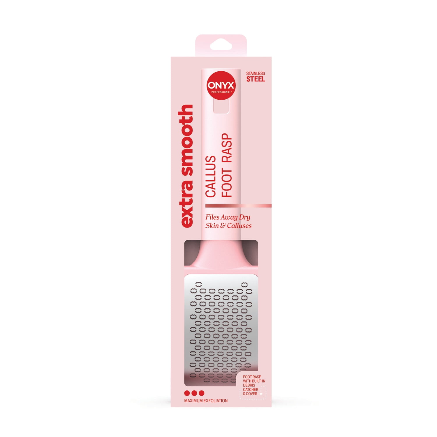 ONYX Professional Stainless Steel Foot Rasp with Debris Catcher, Ergonomic Silicone Handle
