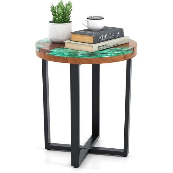 ONZA 20 Teak Wood Outdoor Side Table - Round End Table with Epoxy Resin Tabletop, Solid Live Edge, Mahogany Base, Rustic Sofa and Couch Table for Patio, Porch, Poolside, Living Room, Yard, Brown