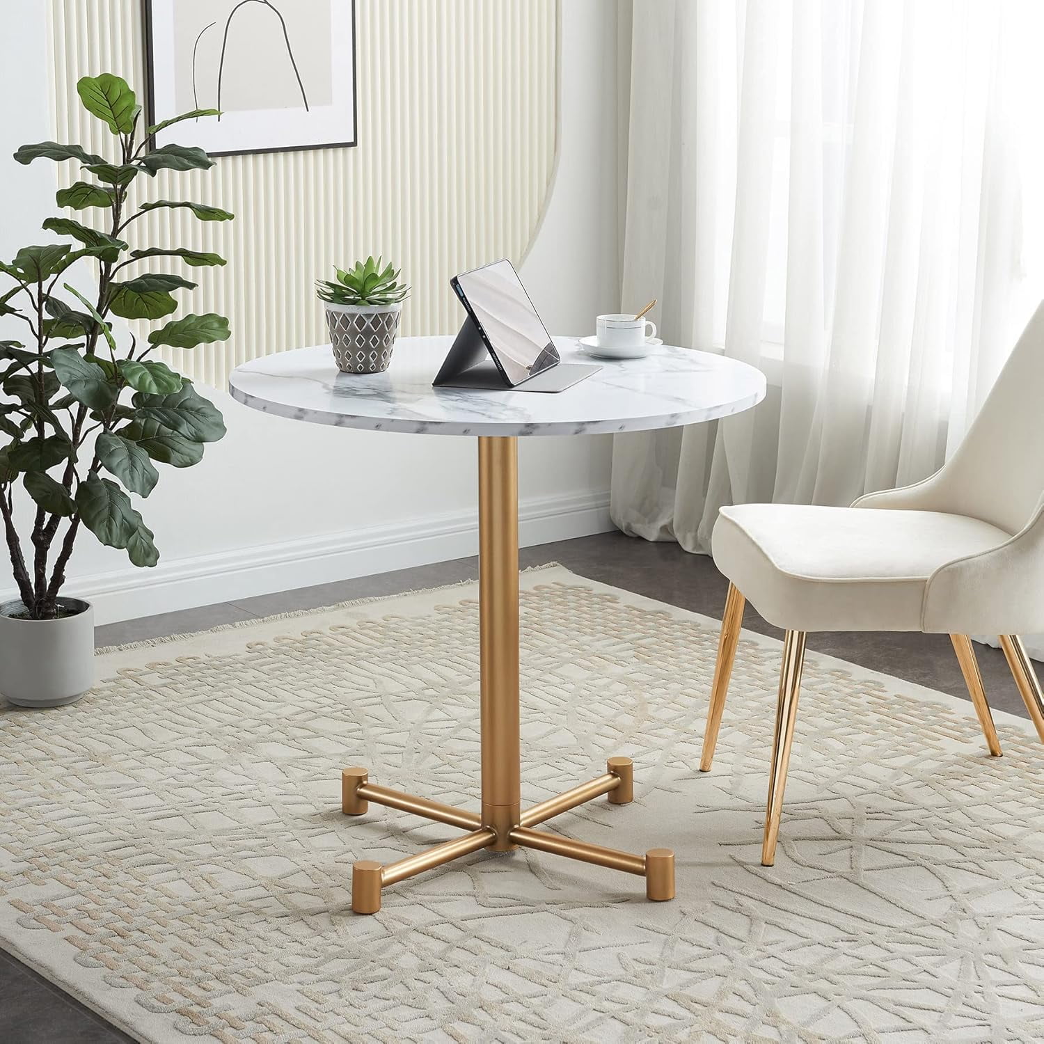 ONZA 31.5" Round Dining Table with White Faux Marble Wood Top and ...