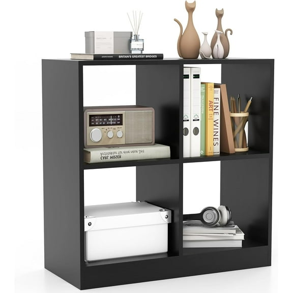 4-Cube Bookcase, Freestanding Open Bookshelf, 2 Anti-Tipping Kits, Modern Cube Storage Wooden Display Shelf for Living Room Kids Room, Easy Assembly (Black, 29 x 13 x 29 Inch)