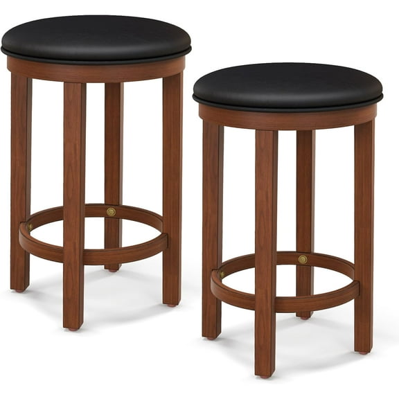 ONZA Bar Stools Set of 2, 25-Inch Counter Height Stools with Round Seat, Footrest, Wooden Frame, Modern Faux Leather, Upholstered Backless Barstools for Kitchen Island, Dining Room